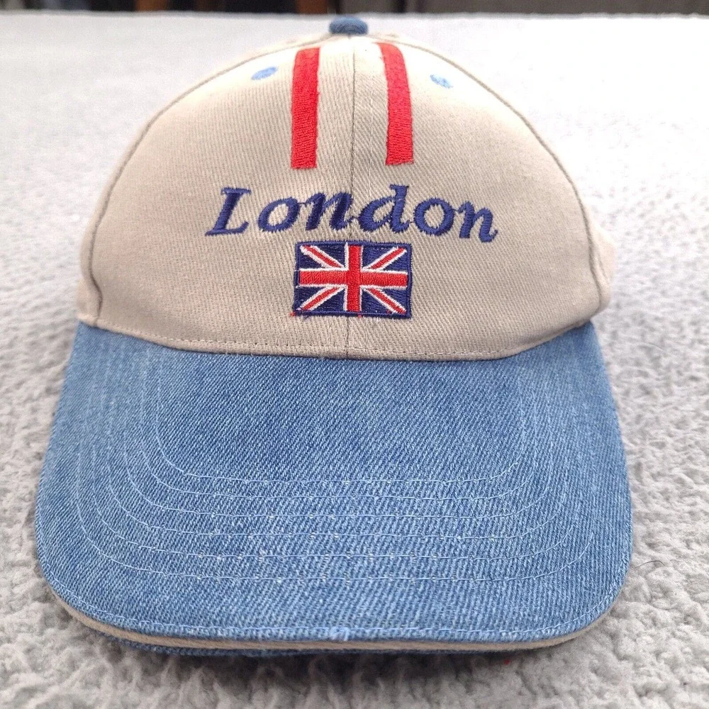 London UK British Hat Cap Beige Blue Denim Flag Buckle Strap‎ One Size Cotton